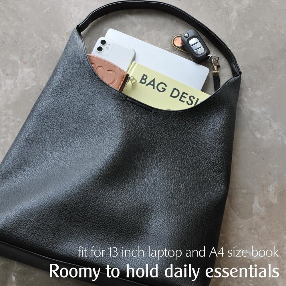 Hobo Black Bags for Women Soft Vegan Leather Slouchy Tote Shoulder Handbag - Picture 5 of 6
